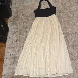 Elegant Black and Cream Petal & Pup Halter Dress - Size Small